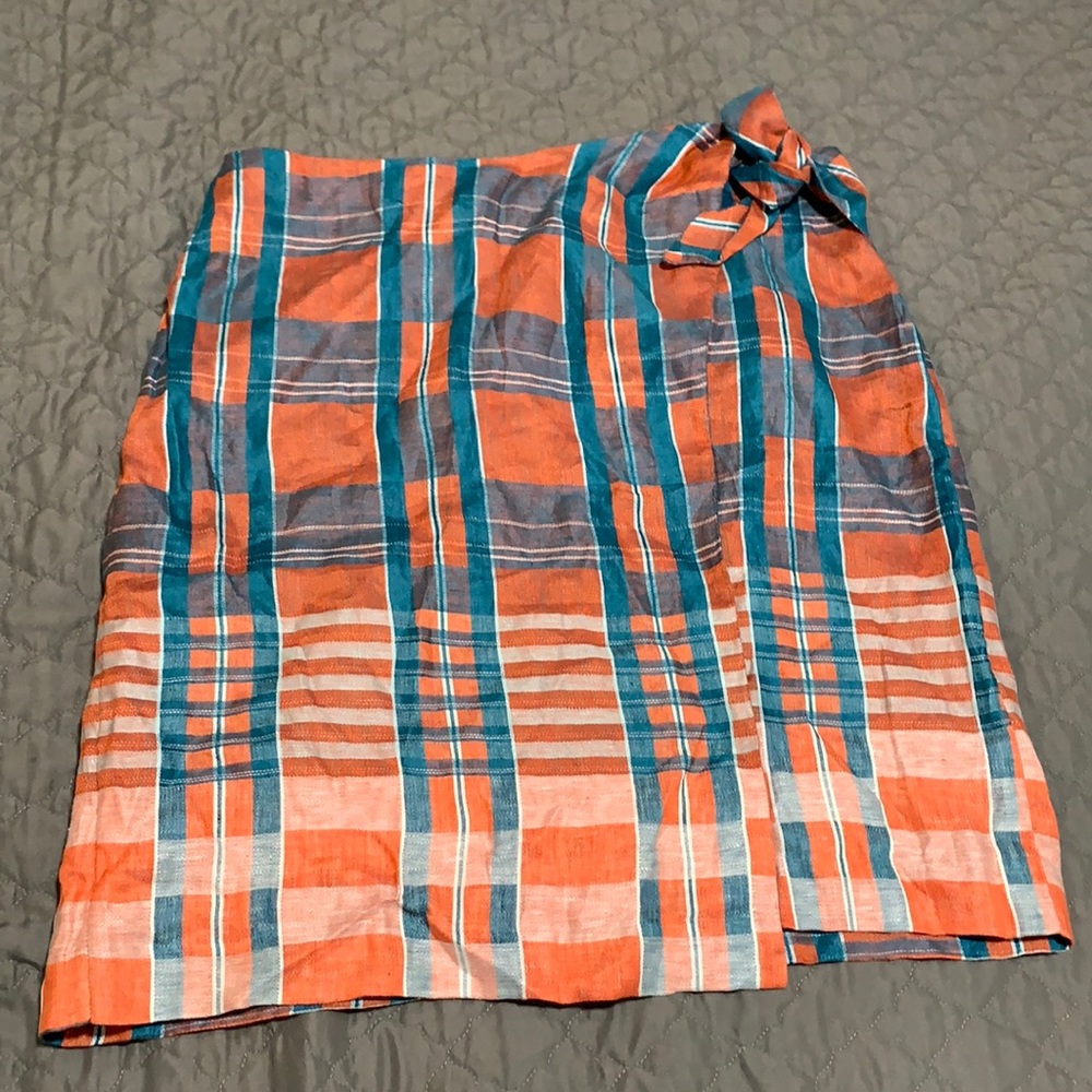 Ann Taylor Orange and Teal Plaid Wrap Skirt
